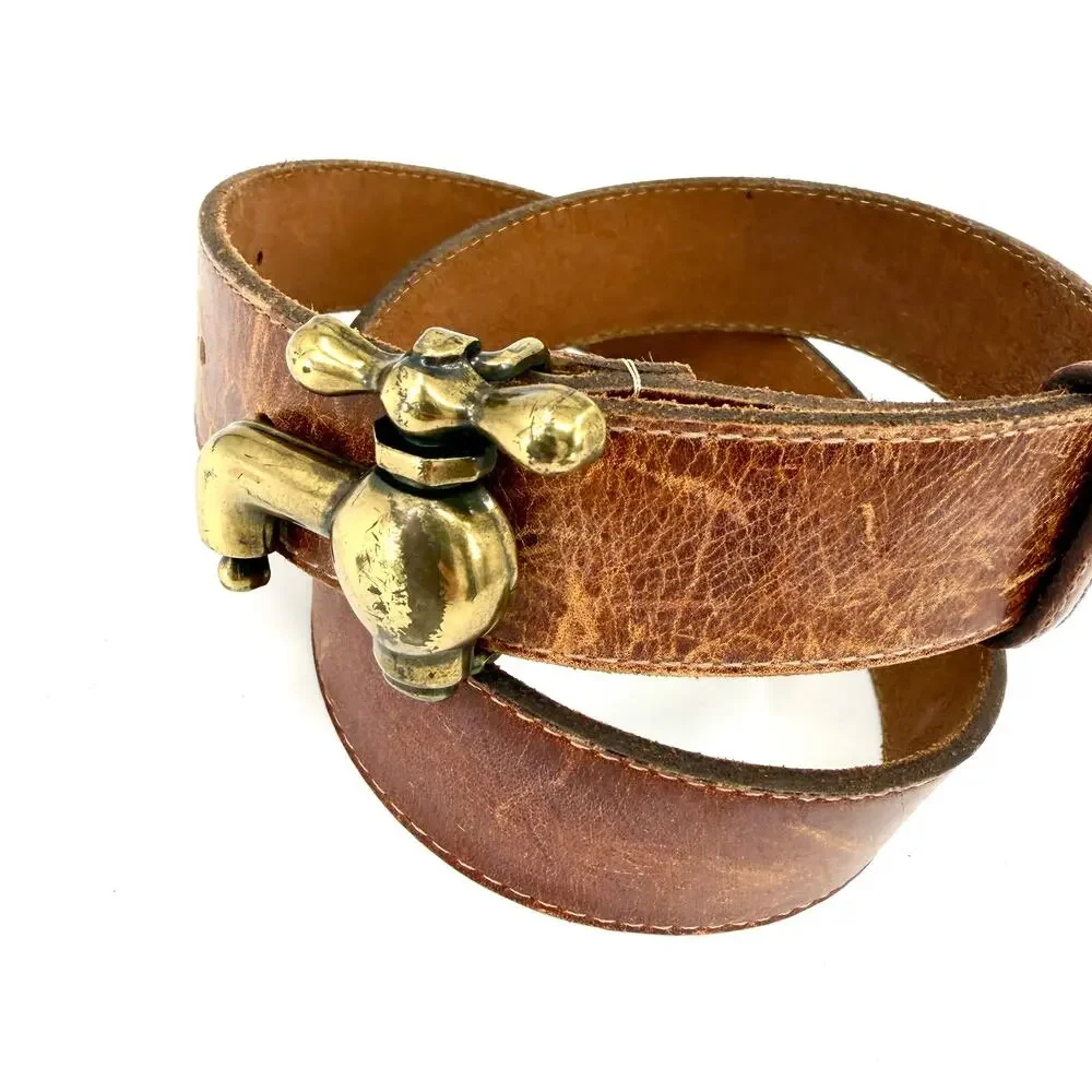 Vintage 90s Distressed Brown Leather Belt With Brass Faucet Buckle